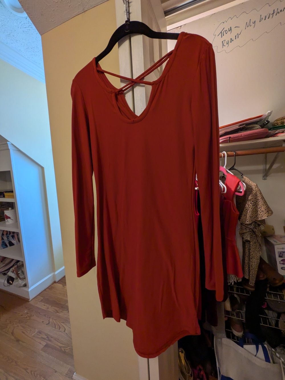 Women's Rust Red Long Sleeve Crisscross Back Dress